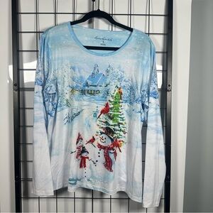 NWT Gloria Vanderbilt Blue/White Snow Family Long Sleeve T-Shirt Women's L